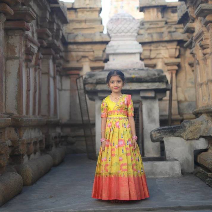 Ugadi Special Attach Dupatta kids Gown Silk Yellow Designer kids clothes wholesale